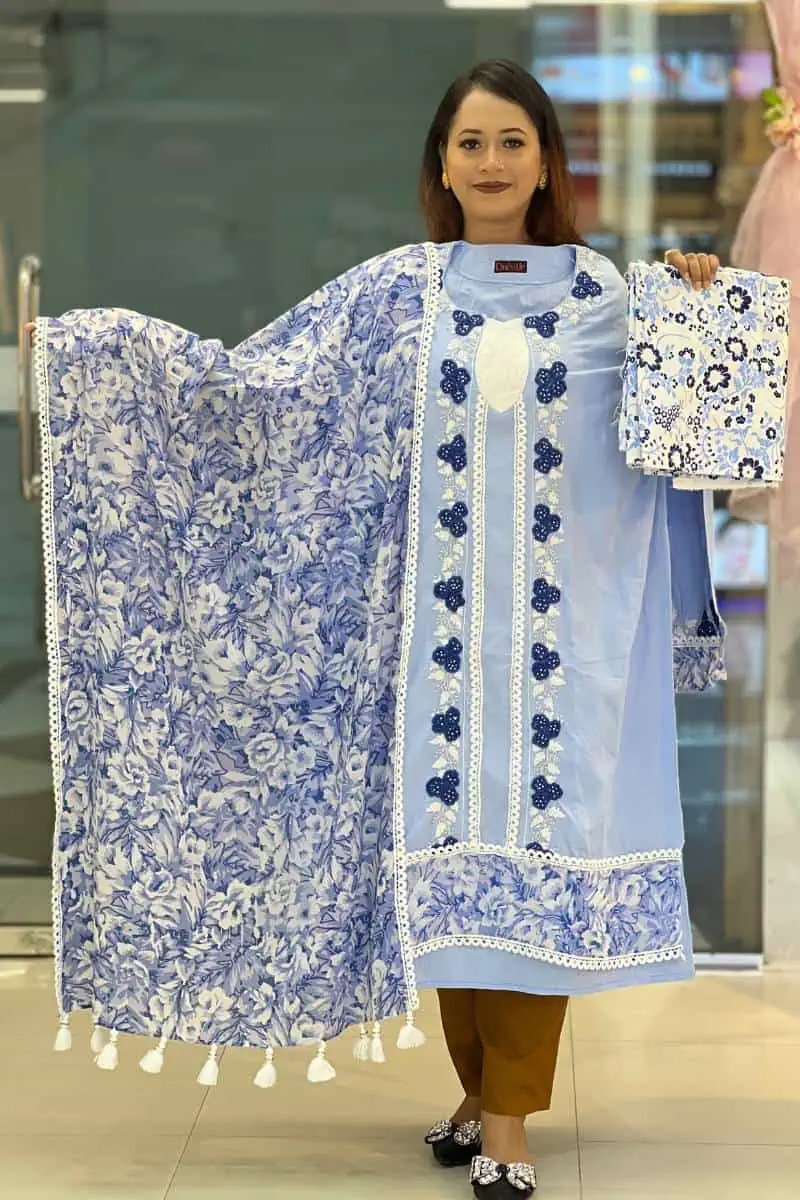 100135 della robbia herringbone denim embroidered shalwar suit