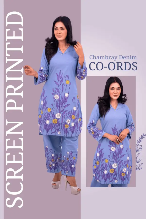 skyway blue chambray denim screen printed co ord's