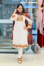 white rayon jacquard cotton embroidered single kameez