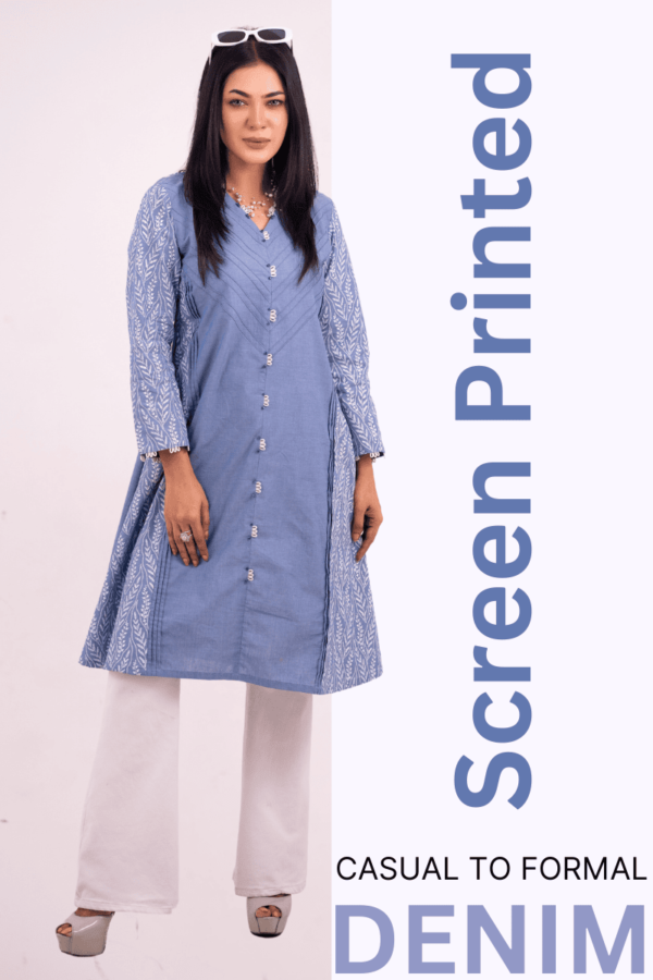 light blue chambray screen printed tailored kurti