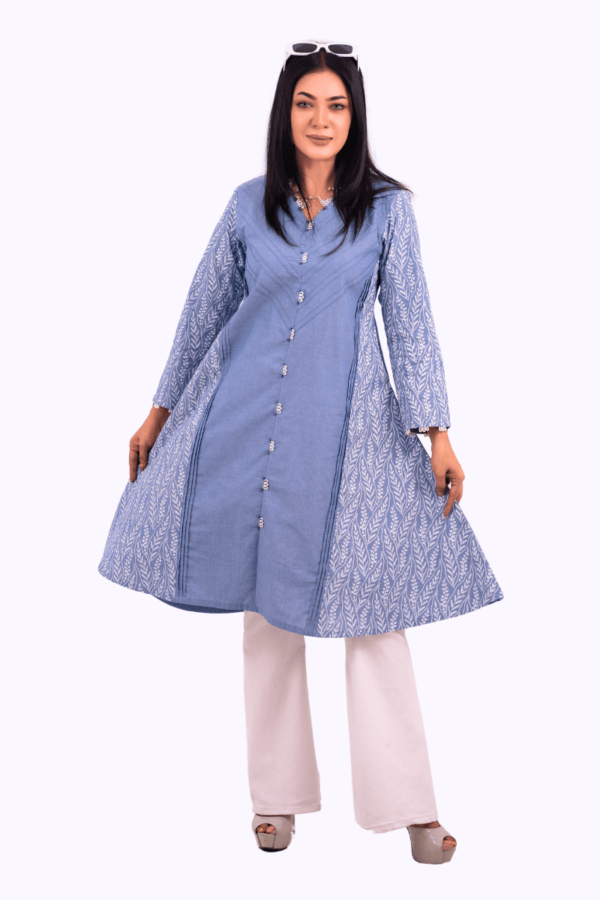 light blue chambray screen printed tailored kurti