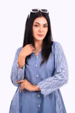 light blue chambray screen printed tailored kurti