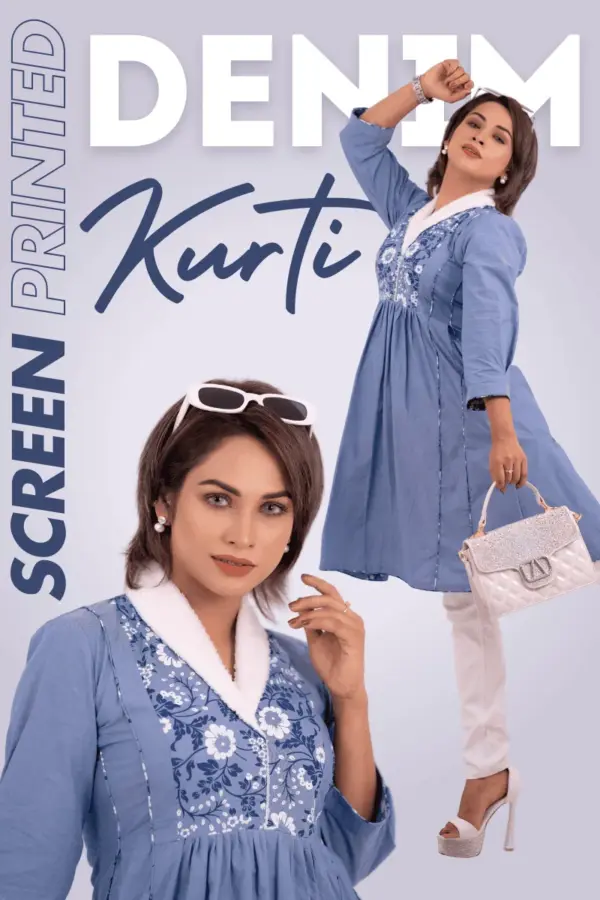 riviera blue chambray denim screen printed kurti