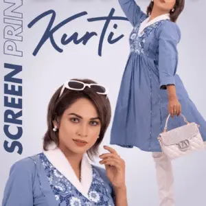 riviera blue chambray denim screen printed kurti