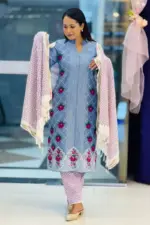 riviera blue chambray screen printed with embroidered shalwar suit