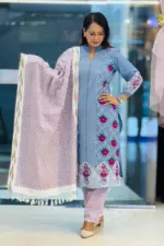 riviera blue chambray screen printed with embroidered shalwar suit