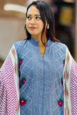 riviera blue chambray screen printed with embroidered shalwar suit