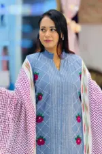 riviera blue chambray screen printed with embroidered shalwar suit