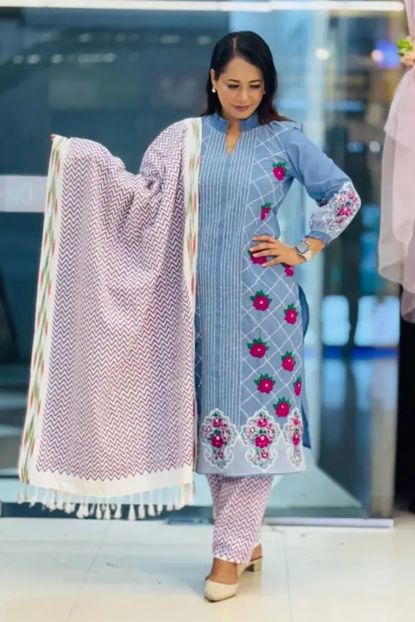 riviera blue chambray screen printed with embroidered shalwar suit