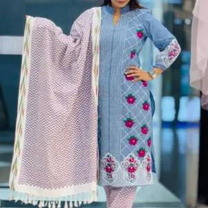 riviera blue chambray screen printed with embroidered shalwar suit