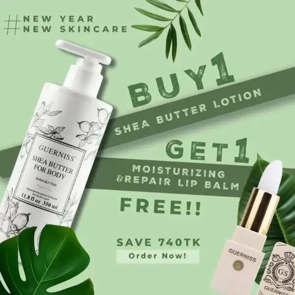 buy 1 guerniss shea butter body lotion and get 1 moisturizing lip balm free!!!