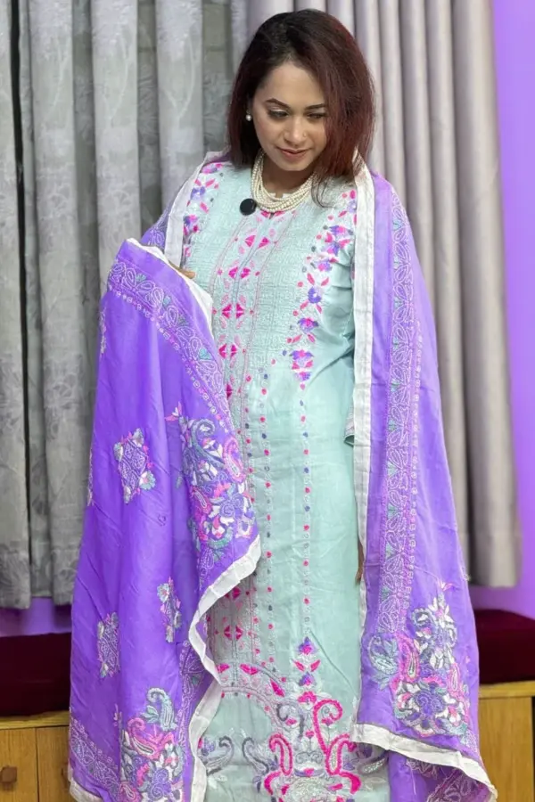pest & purple colour hand embroidered shalwar suit