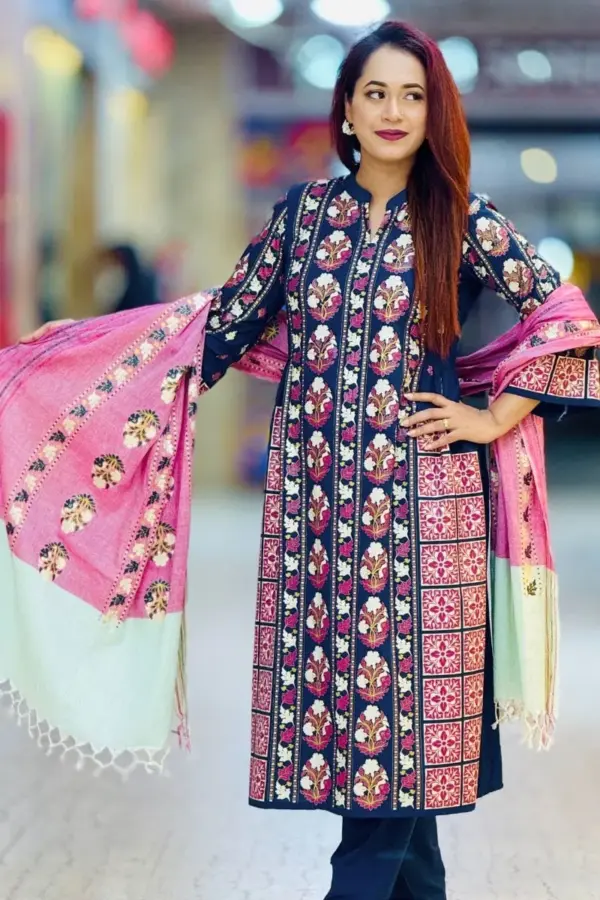 nevy blue viscose screen printed shalwar suit