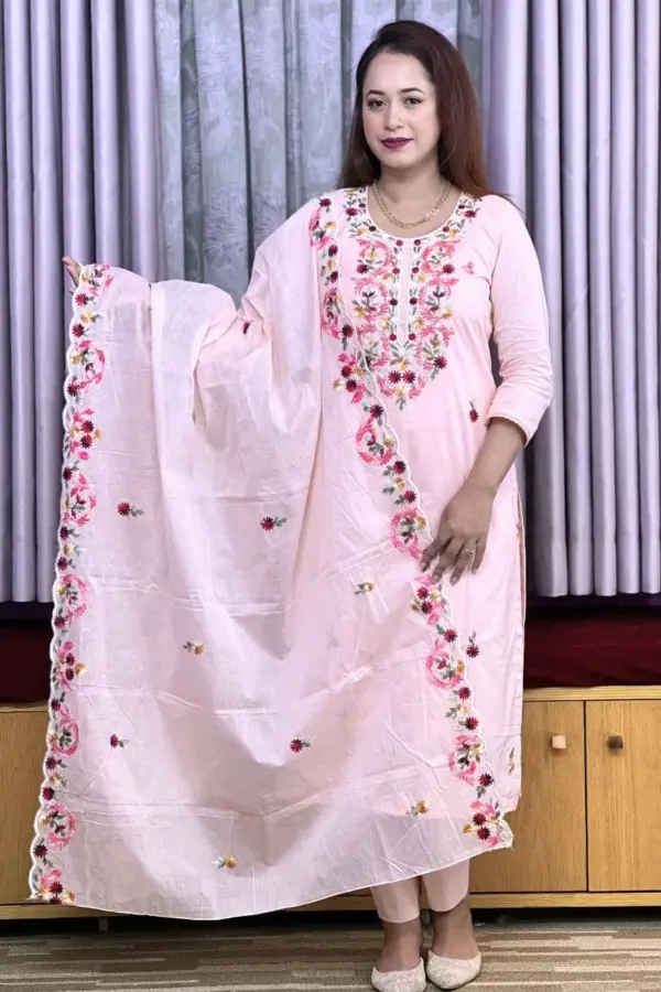 peach color hand embroidered cotton shalwar suit