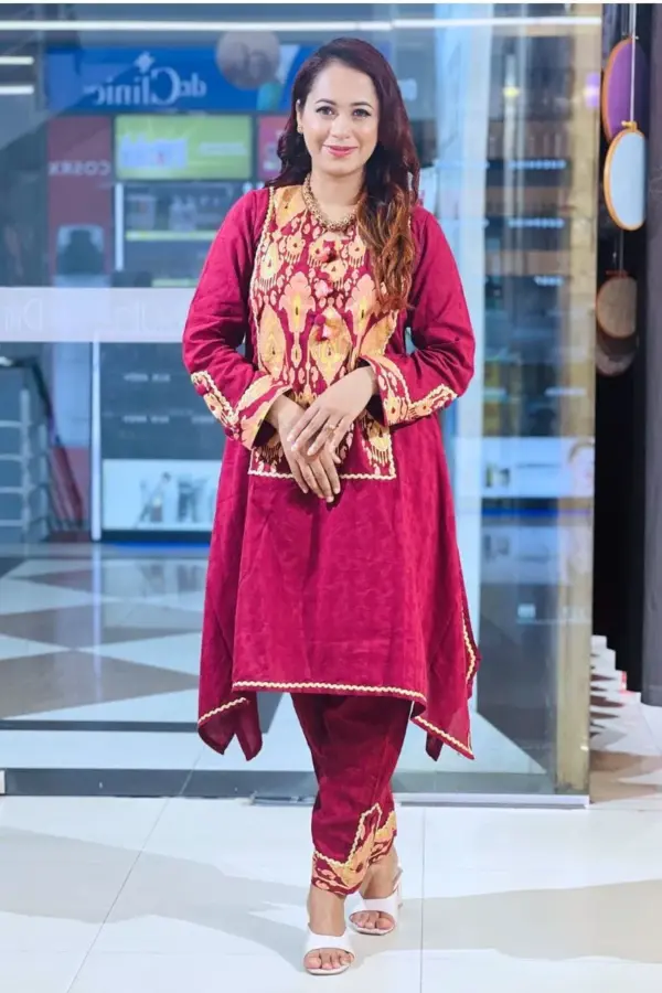 maroon color jacquard screen print co ords