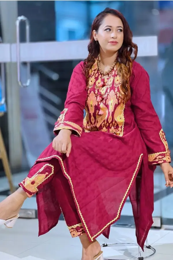 maroon color jacquard screen print co ords