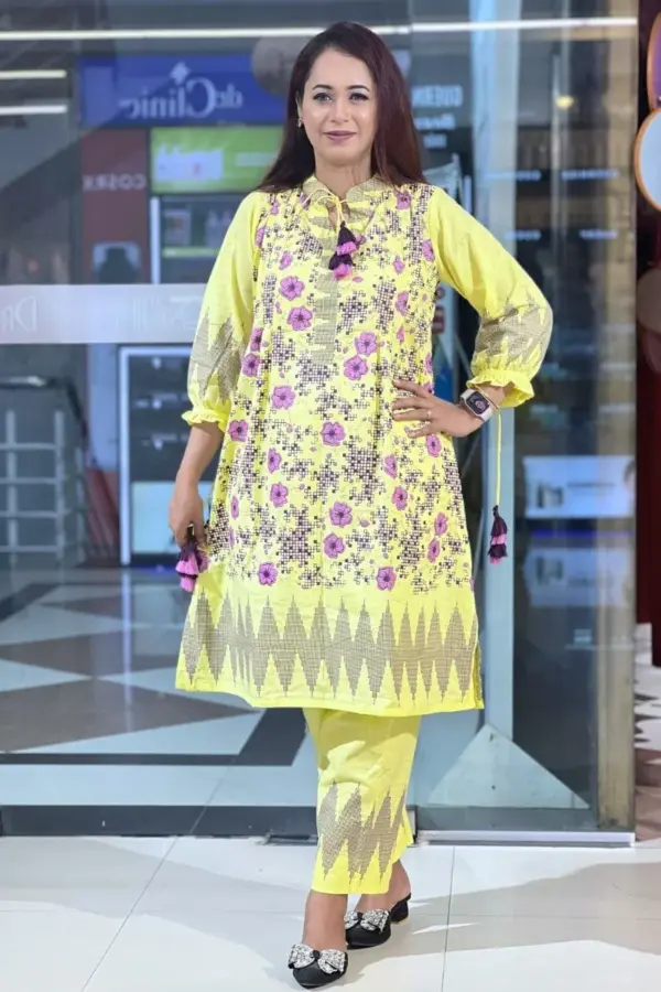 yellow color slub cotton screen printed co ores