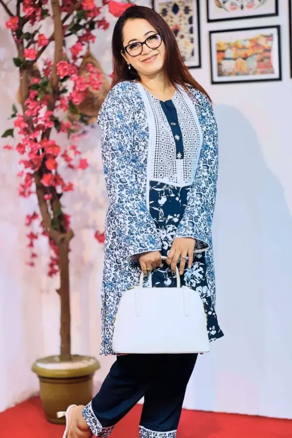 navy blue mixed cotton & viscose screen printed co ords