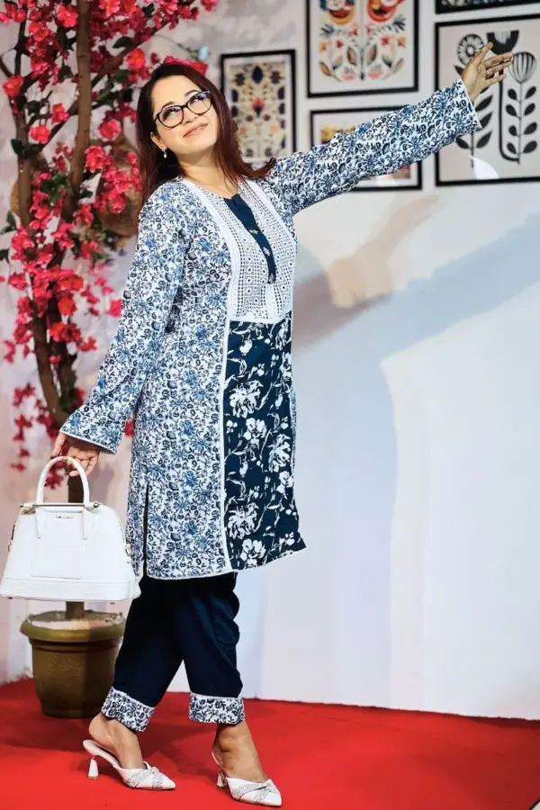 navy blue mixed cotton & viscose screen printed co ords