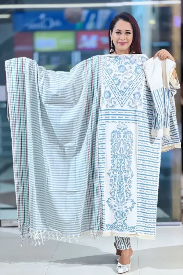 sky blue screen printed viscose shalwar suit