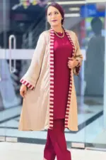 golden & maroon georgette shrug set