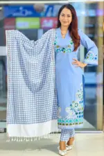 chembray blue denim screen printed and hand printed salwar suit