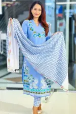 chembray blue denim screen printed and hand printed salwar suit