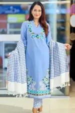 chembray blue denim screen printed and hand printed salwar suit
