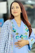 chembray blue denim screen printed and hand printed salwar suit