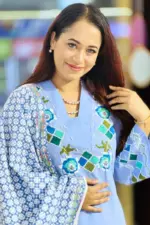 chembray blue denim screen printed and hand printed salwar suit