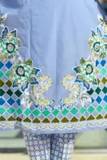 chembray blue denim screen printed and hand printed salwar suit