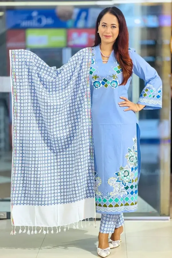 chembray blue denim screen printed and hand printed salwar suit