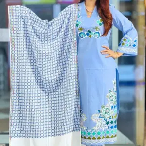 chembray blue denim screen printed and hand printed salwar suit