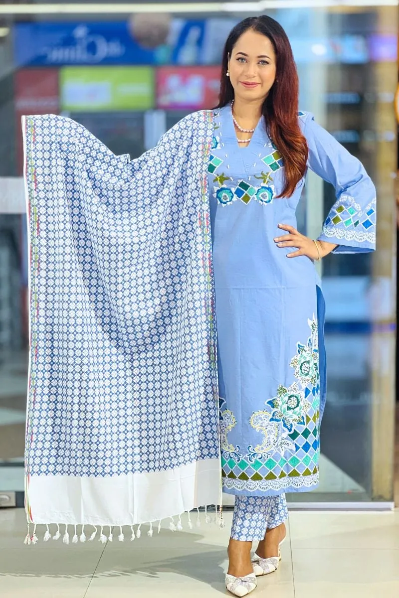 chembray blue denim screen printed and hand printed salwar suit chembray blue denim screen printed and hand printed salwar suit