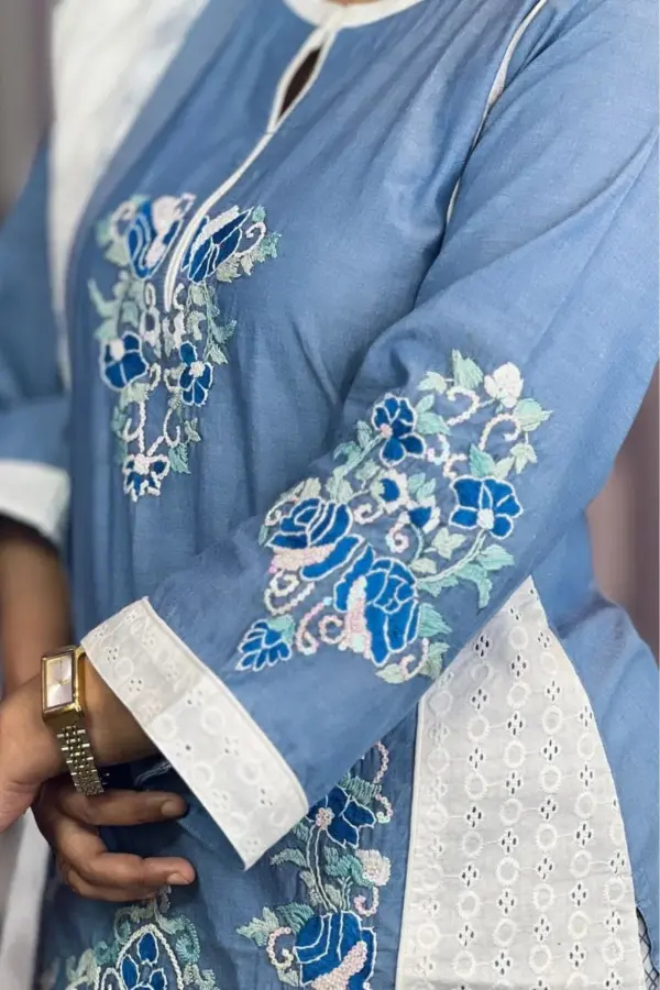 allure colour chembray denim hand embroidered salwar suit