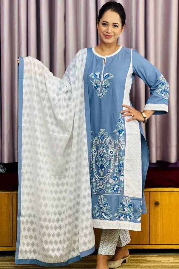 allure colour chembray denim hand embroidered salwar suit