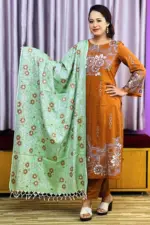 mustard color viscose & ikkat cotton screen printed salwar suit