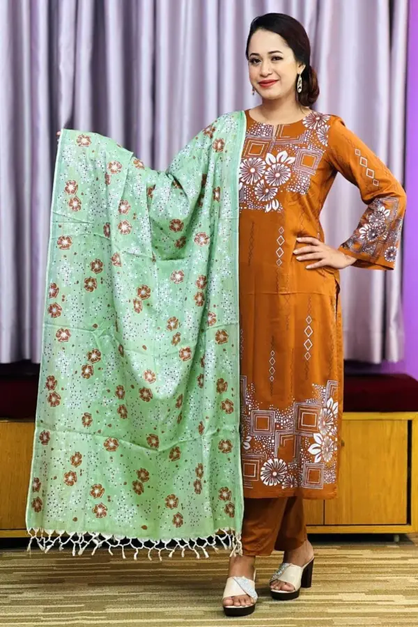 mustard color viscose & ikkat cotton screen printed salwar suit