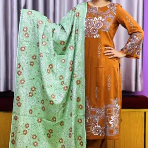 mustard color viscose & ikkat cotton screen printed salwar suit
