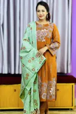 mustard color viscose & ikkat cotton screen printed salwar suit