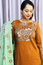mustard color viscose & ikkat cotton screen printed salwar suit