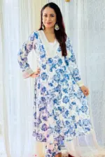 white and blue printed silk co ords