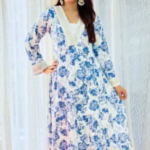 white and blue printed silk co ords