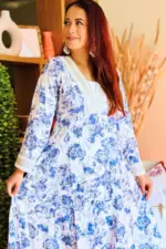 white and blue printed silk co ords