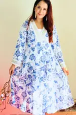 white and blue printed silk co ords