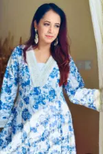 white and blue printed silk co ords