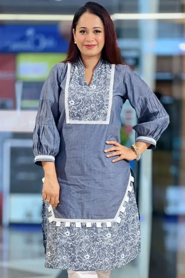 blackish navy blue denim chembray screen printed kurti