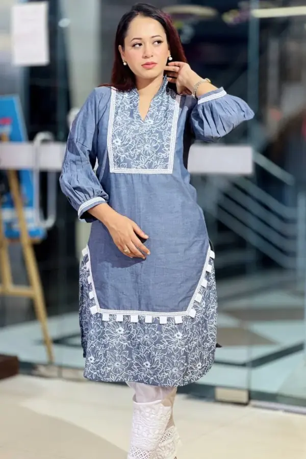 blackish navy blue denim chembray screen printed kurti