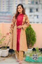 dark beige needle cord screen printed shrug set