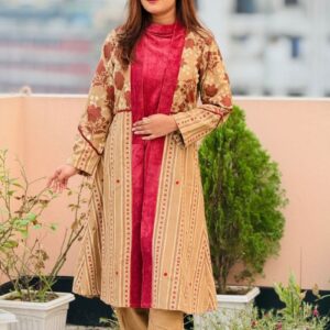 dark beige needle cord screen printed shrug set